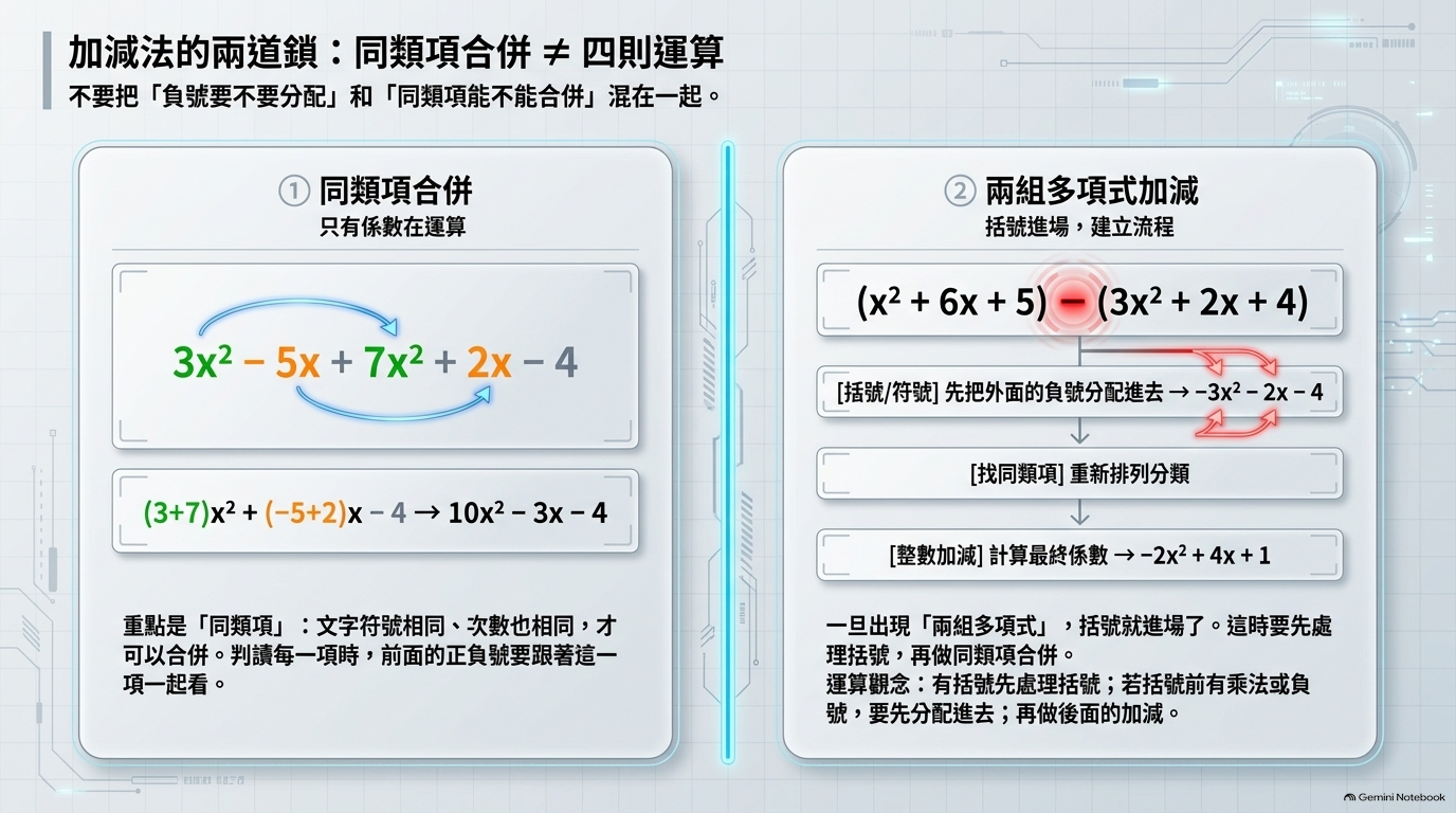 圖解｜同類項合併 vs. 兩組多項式加減